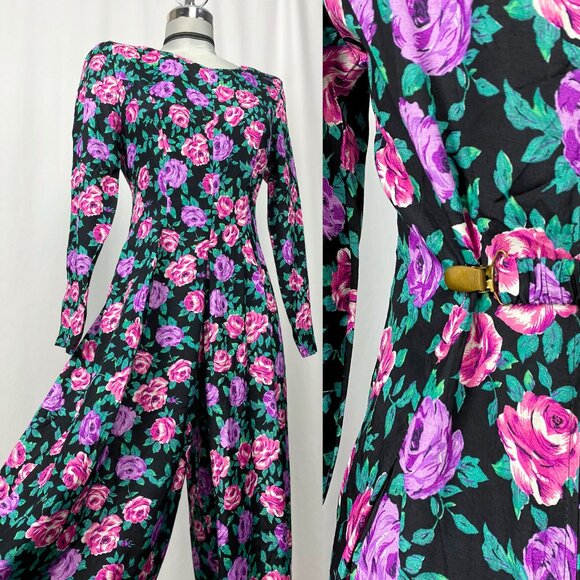 Vintage Pants - Vintage 90s black grunge floral long sleeve wide leg jumpsuit small